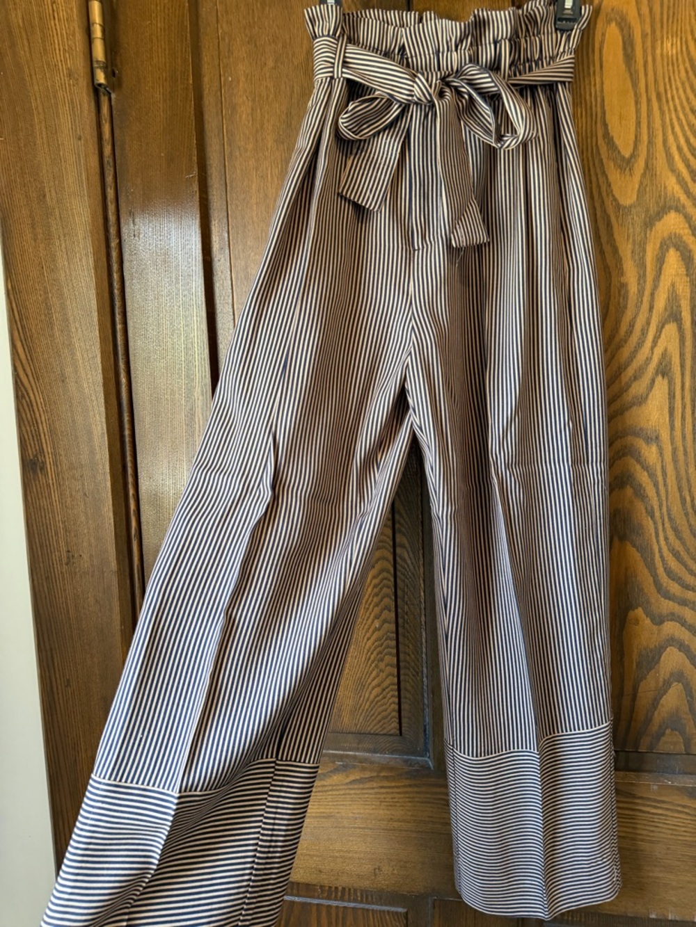 Anthropologie Black & White Striped Paperbag-Waist Wide-Leg Pants